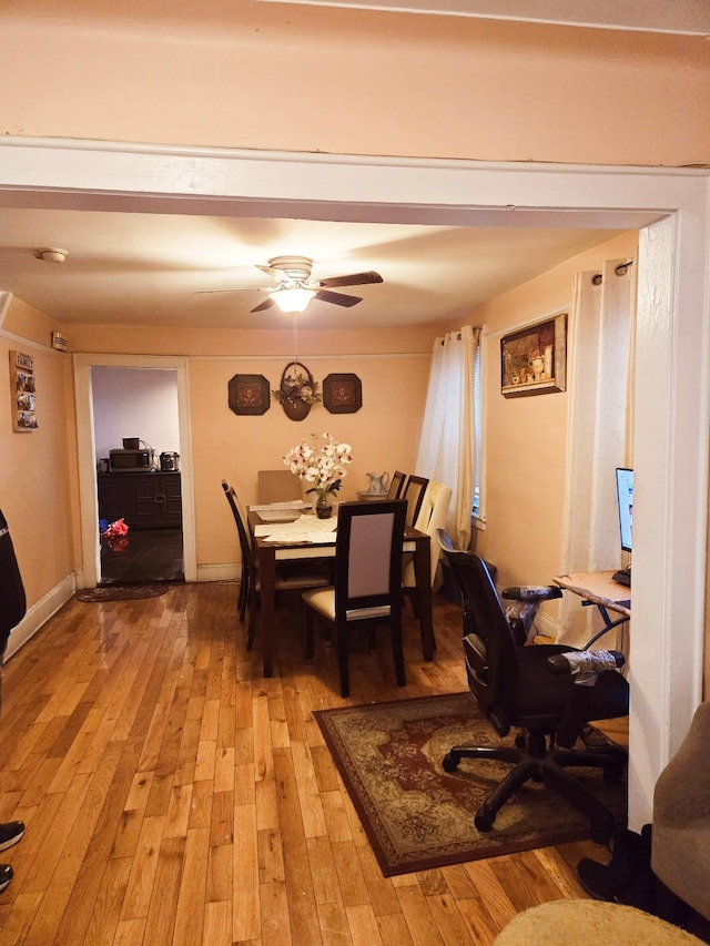 dining area with ceiling fan and light hardwood / wood-style flooring