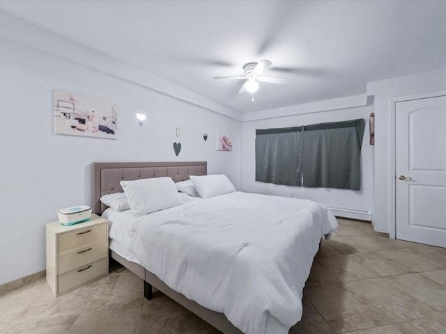 bedroom with ceiling fan and a baseboard heating unit