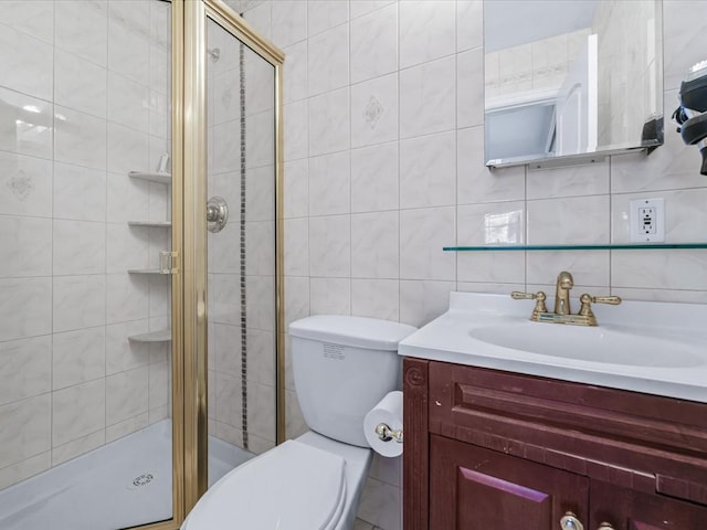 bathroom featuring an enclosed shower, tile walls, and toilet