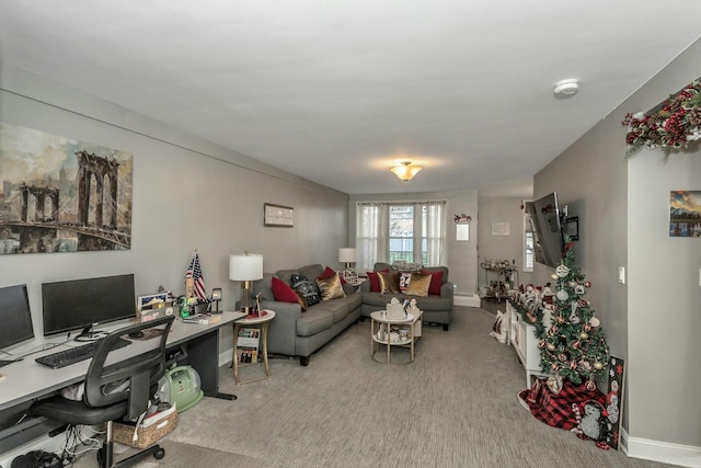 living room with carpet and a baseboard heating unit