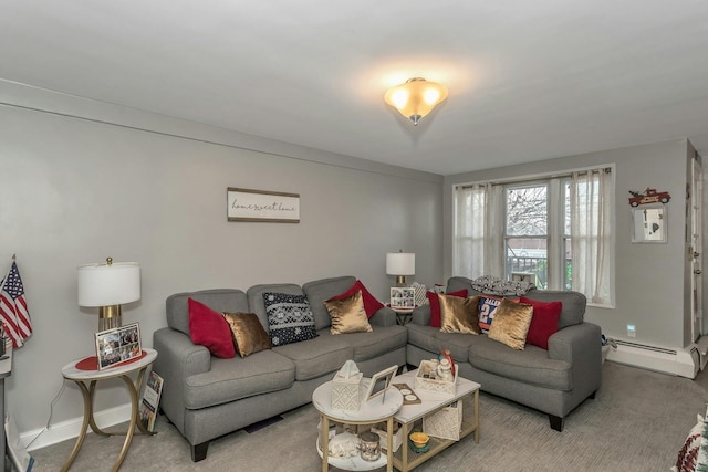 living room featuring carpet flooring and baseboard heating