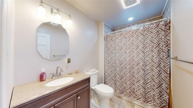 bathroom featuring walk in shower, tile patterned flooring, vanity, and toilet