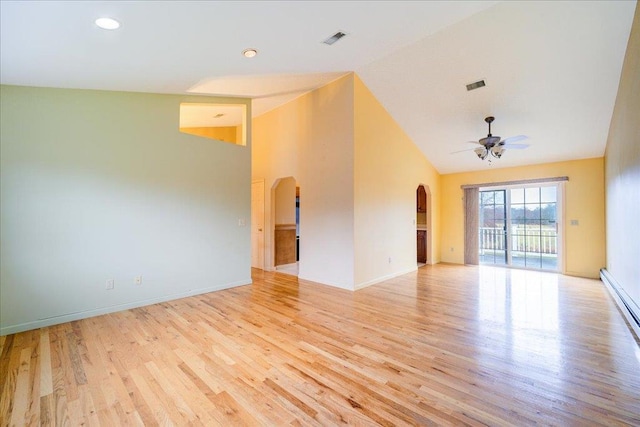 unfurnished room featuring ceiling fan, light hardwood / wood-style flooring, high vaulted ceiling, and a baseboard heating unit