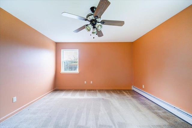 carpeted spare room featuring ceiling fan and a baseboard heating unit