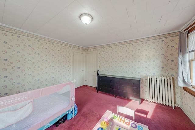 carpeted bedroom with radiator