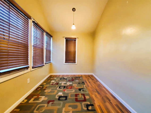 interior space with dark hardwood / wood-style floors and vaulted ceiling