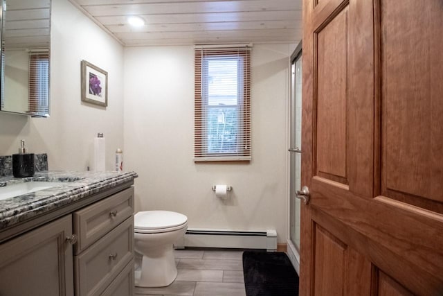 bathroom with walk in shower, wood ceiling, vanity, a baseboard heating unit, and toilet