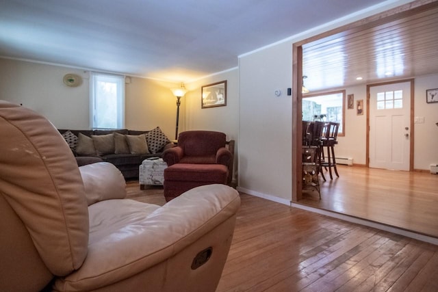 living room with crown molding, light hardwood / wood-style flooring, and a baseboard radiator