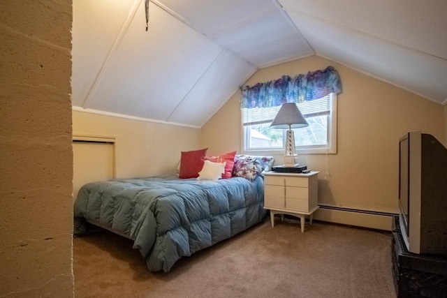 bedroom with carpet, a baseboard radiator, and vaulted ceiling