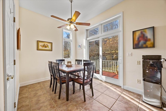 dining space with ceiling fan and light tile patterned floors