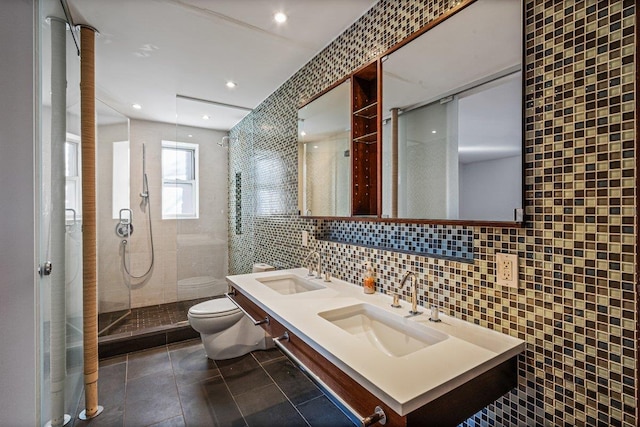 65-35 Yellowstone Blvd Unit 2H, Forest Hills, NY 11375 - full bathroom featuring tile walls, a shower stall, tile patterned floors, double vanity, and recessed lighting