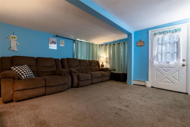 carpeted living room with baseboard heating