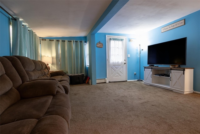 living room with carpet and a baseboard radiator