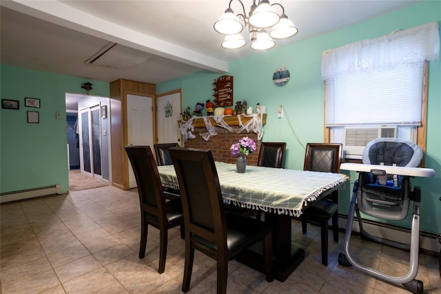 dining area with a baseboard radiator, cooling unit, and a notable chandelier