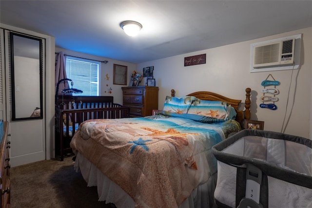 carpeted bedroom featuring a wall mounted AC