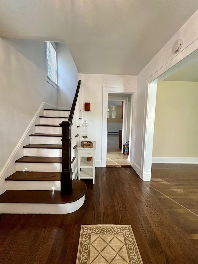 staircase with hardwood / wood-style flooring and a baseboard radiator