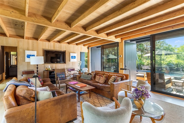 living room featuring beamed ceiling, wooden ceiling, and wooden walls