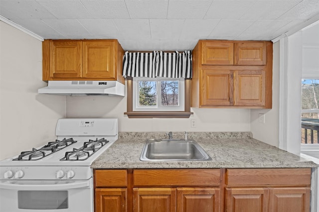 kitchen featuring white gas range and sink