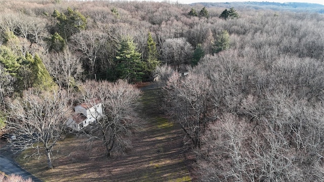 birds eye view of property featuring a wooded view