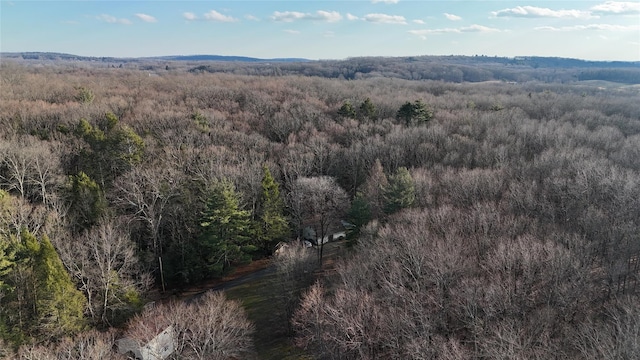 birds eye view of property featuring a wooded view