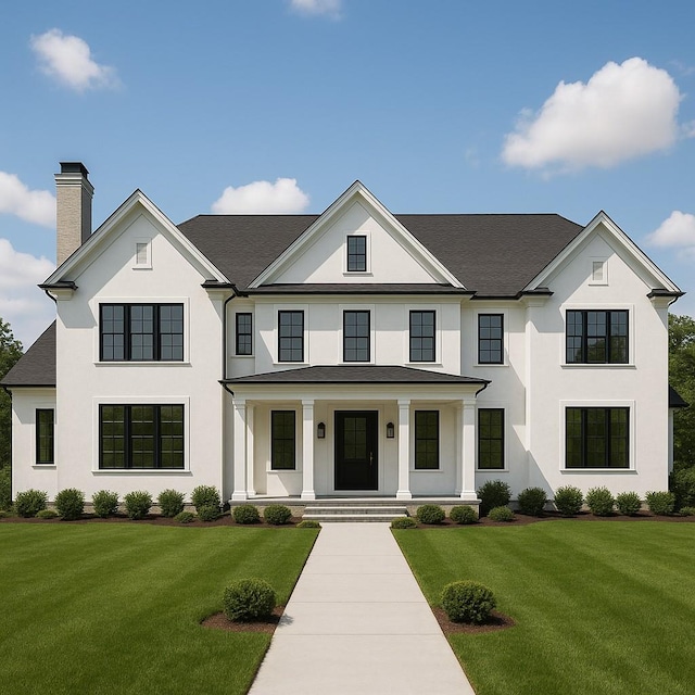 modern farmhouse style home with covered porch, stucco siding, a chimney, and a front yard