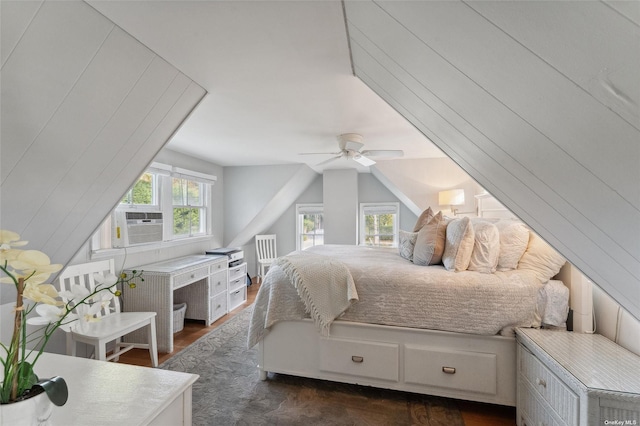 bedroom featuring cooling unit, ceiling fan, and dark wood finished floors