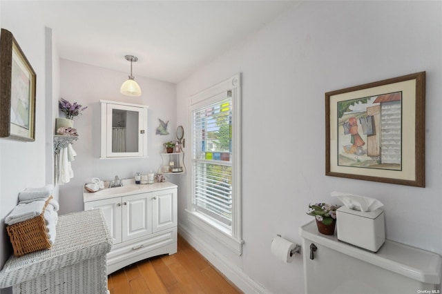 bathroom with vanity, a shower with curtain, wood finished floors, and baseboards