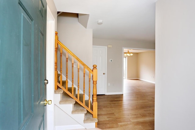 entrance foyer featuring hardwood / wood-style flooring and a chandelier