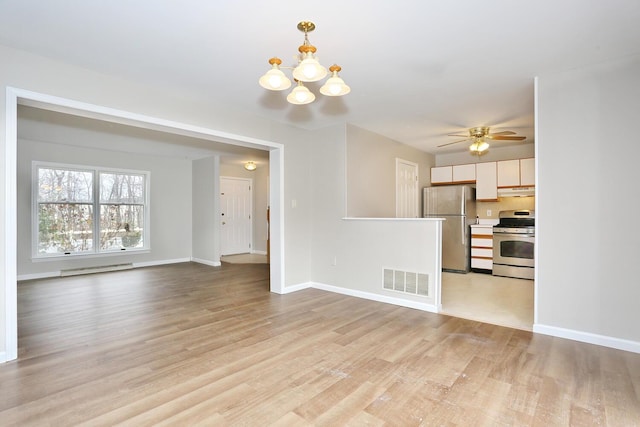 unfurnished living room featuring light hardwood / wood-style flooring, a baseboard radiator, and ceiling fan with notable chandelier