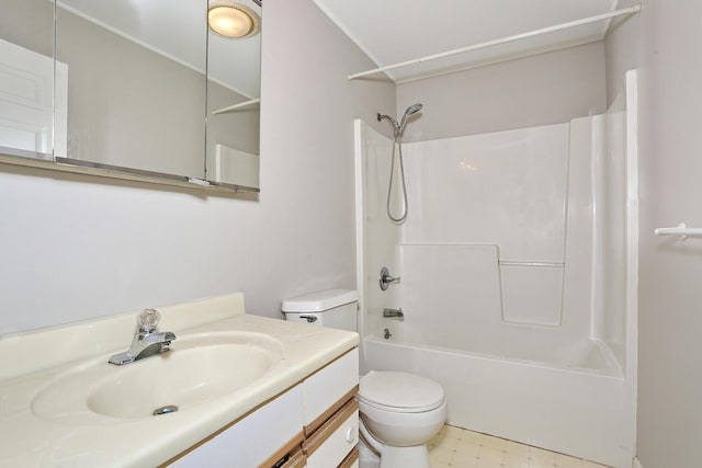 full bathroom featuring bathtub / shower combination, vanity, and toilet