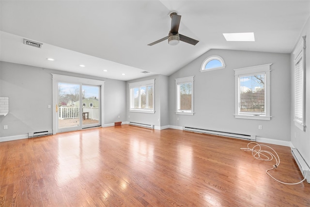 unfurnished living room featuring lofted ceiling with skylight, ceiling fan, light wood-type flooring, and a baseboard radiator