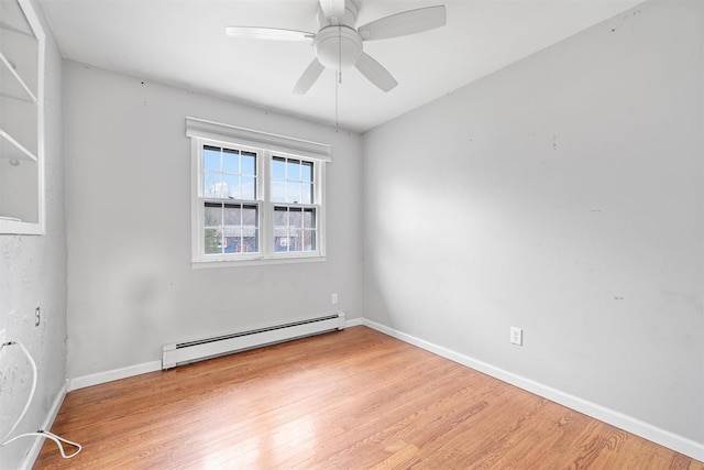 unfurnished room featuring ceiling fan, a baseboard radiator, and light wood-type flooring