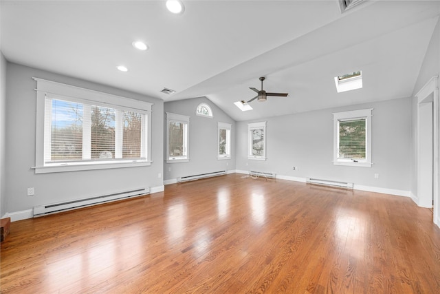 unfurnished living room with light hardwood / wood-style floors, lofted ceiling, and baseboard heating