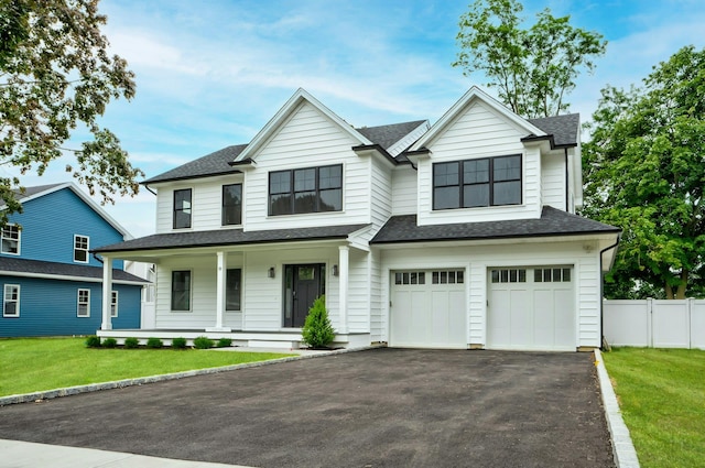 view of front of house featuring covered porch, a garage, and a front lawn