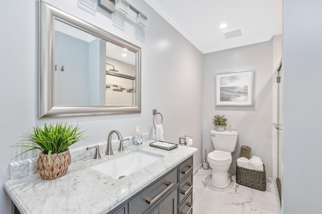 bathroom with crown molding, vanity, toilet, and walk in shower