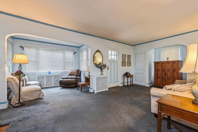 living room featuring dark carpet