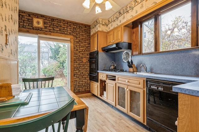 kitchen with brick wall, ceiling fan, sink, black appliances, and light hardwood / wood-style flooring