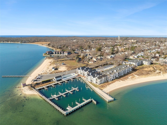 aerial view with a water view and a view of the beach