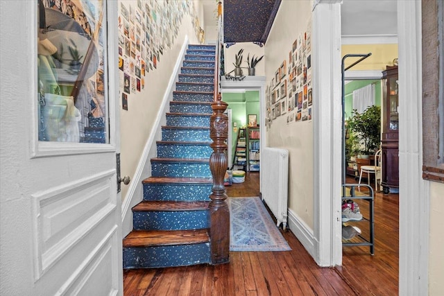 stairway with radiator heating unit, ornamental molding, and hardwood / wood-style floors