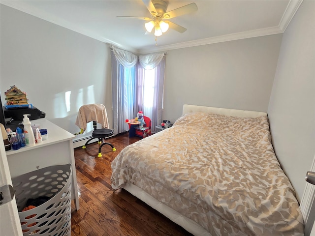 bedroom featuring ceiling fan, crown molding, and dark hardwood / wood-style floors