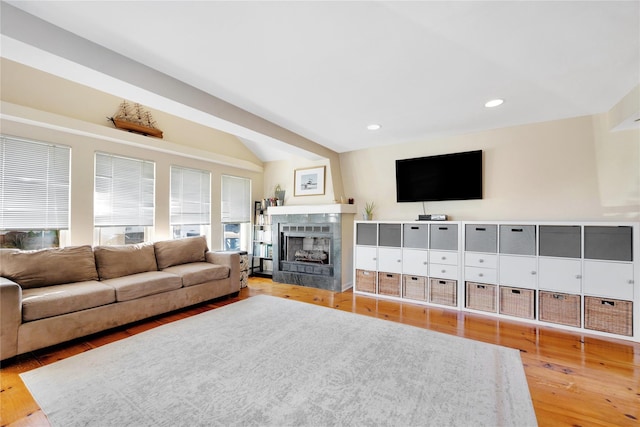 living room featuring a fireplace and hardwood / wood-style flooring