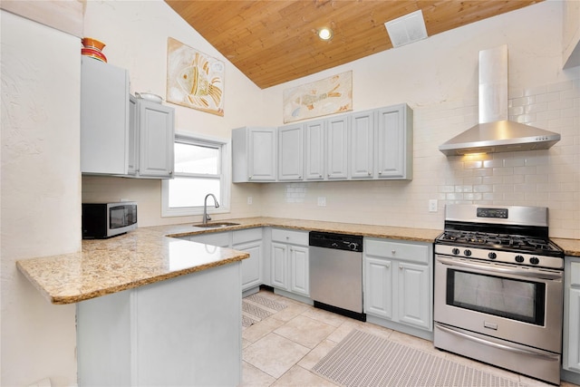 kitchen featuring kitchen peninsula, backsplash, stainless steel appliances, sink, and wall chimney range hood