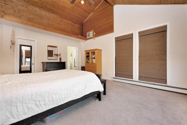 bedroom with wooden ceiling, high vaulted ceiling, ceiling fan, baseboard heating, and carpet floors