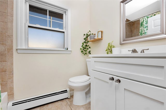 bathroom featuring curtained shower, a baseboard radiator, tile patterned floors, toilet, and vanity