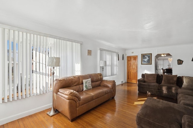 living room with hardwood / wood-style flooring and crown molding