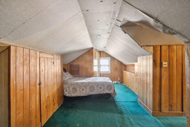 unfurnished bedroom with carpet, lofted ceiling, and wood walls