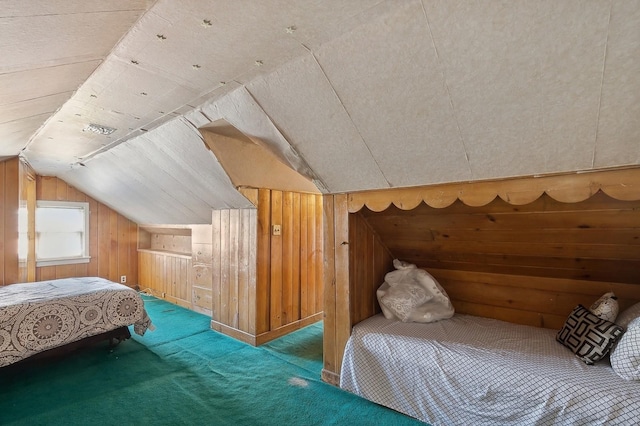 carpeted bedroom with wood walls and lofted ceiling