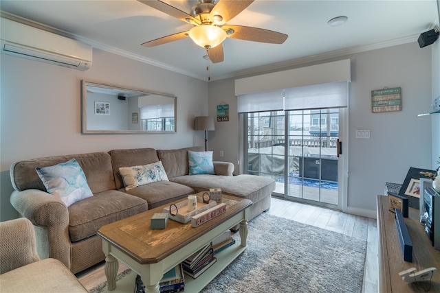 living room featuring a wall mounted AC, ceiling fan, light hardwood / wood-style flooring, and ornamental molding