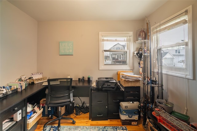 office with a healthy amount of sunlight and hardwood / wood-style flooring