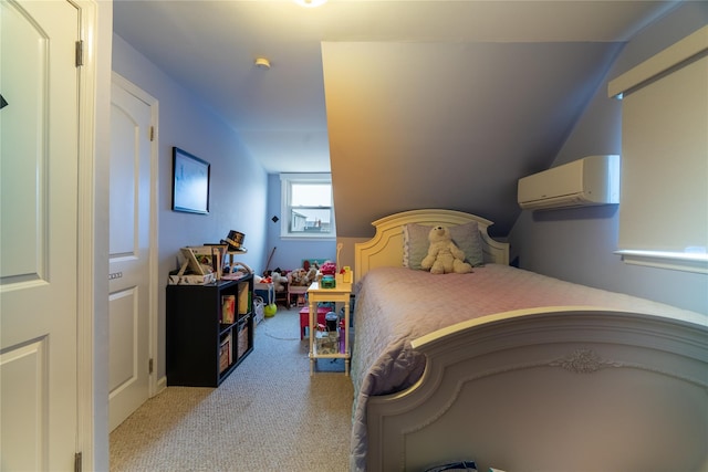 carpeted bedroom with an AC wall unit and vaulted ceiling